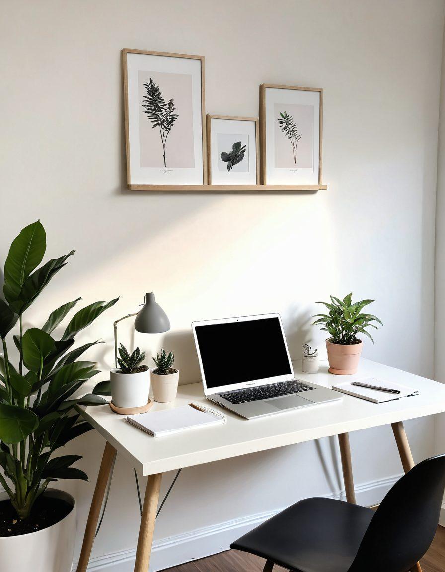 A serene workspace showcasing a sleek, minimalist desk with a single laptop, a neatly organized notepad, and a small potted plant, all set against a soft, muted color palette. The image captures the essence of simplicity, with clean lines and ample white space, emphasizing clarity and focus in writing. Subtle hints of inspiration like a simple quote on the wall, adding a touch of warmth. soft lighting. super-realistic. pastel colors.