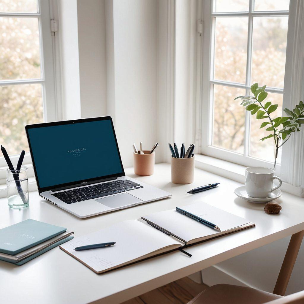 A serene workspace showcasing a minimalist desk with a sleek laptop open to a clean blog interface, surrounded by crisp notepads and elegant pens. A clock is subtly integrated into the scene, symbolizing the importance of time in concise writing. Soft natural light streaming in through a window highlights the simplicity of the space, promoting clarity and focus. The overall color palette features calming blues and whites, representing freshness and simplicity. vector art. soft pastels. white background.