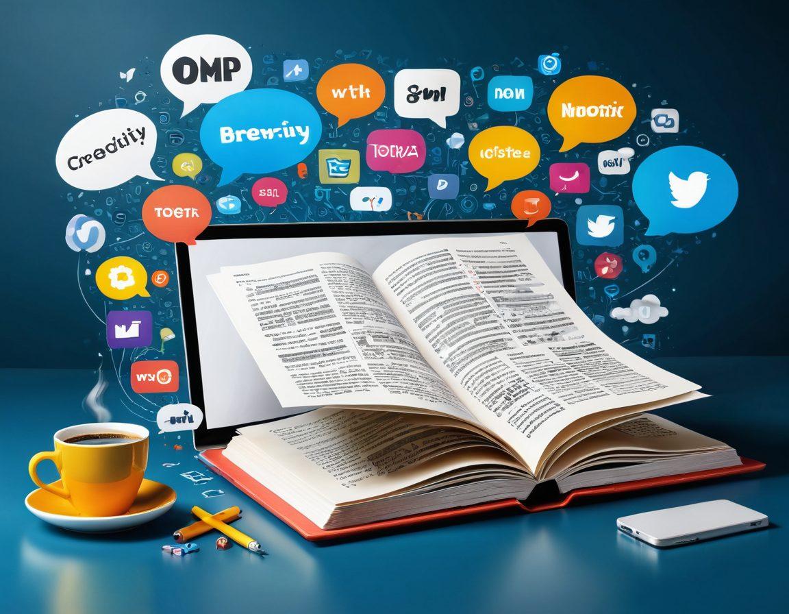 A dynamic composition featuring an open book with flowing text transforming into various digital icons symbolizing communication, like speech bubbles and social media logos. In the background, a bright desk with a laptop, a notepad, and coffee, indicating creativity and focus. Add floating short-form articles around the scene to represent engaging brevity. vibrant colors. super-realistic.